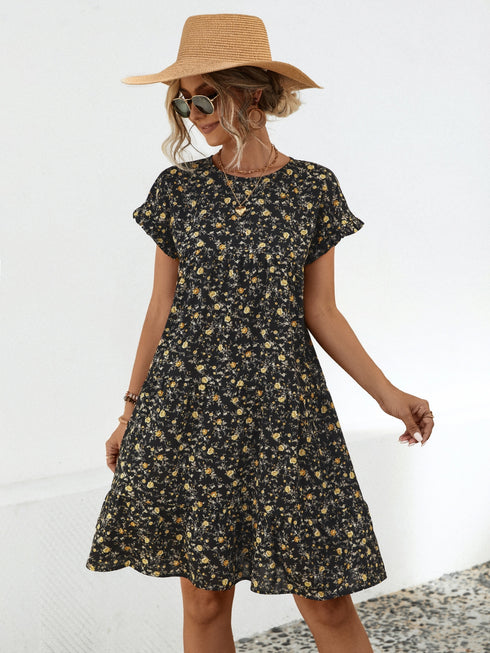 Frill Floral Round Neck Short Sleeve Tiered Dress - Odaingerous